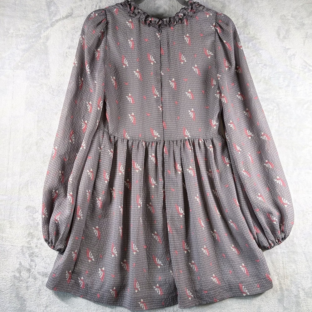 Free People Rosette Ruffle Neck Long Sleeve Mini Dress Gray Romantic Floral 0 XS - Picture 6 of 9